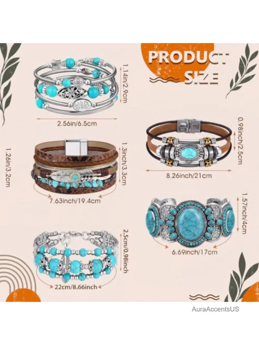 Turquoise Western Wrap Bracelet Set 6pcs Boho Cuff Leather Bracelets for Women